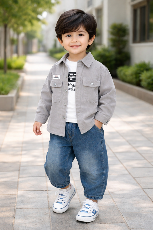 Stylish Boys Casual 3 Piece Outfit Set with Corduroy Jacket | Denim Pants | Cotton T-Shirt