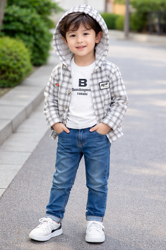 Trendy Boys White Plaid Hooded Jacket with Cotton T-Shirt | 2 Piece Outfit