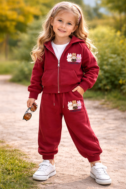 Girls Burgundy Cartoon Hoodie Co-ord Set