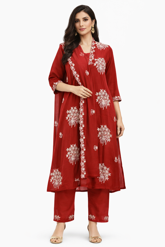 Women’s Red Embroidered Kurta Set with Dupatta