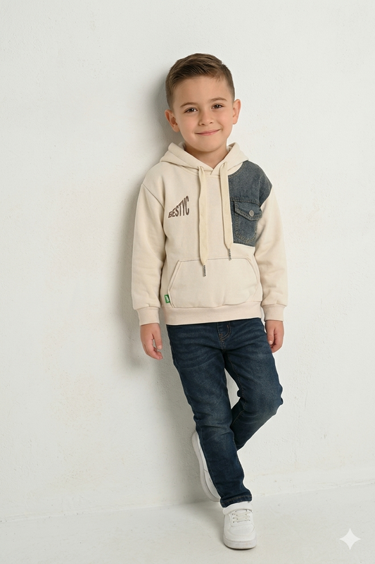 Boys White Cotton Denim Patch Hoodie Summer