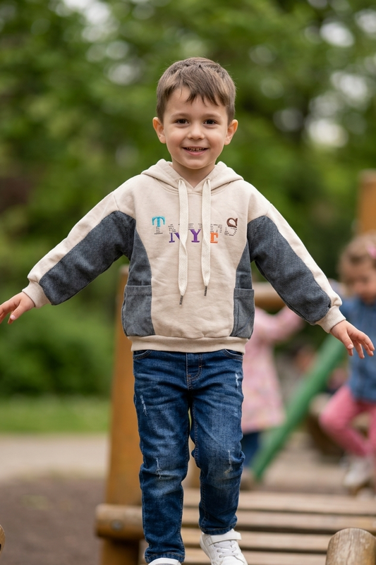 Urban Beige Denim Patch Boys Hoodie