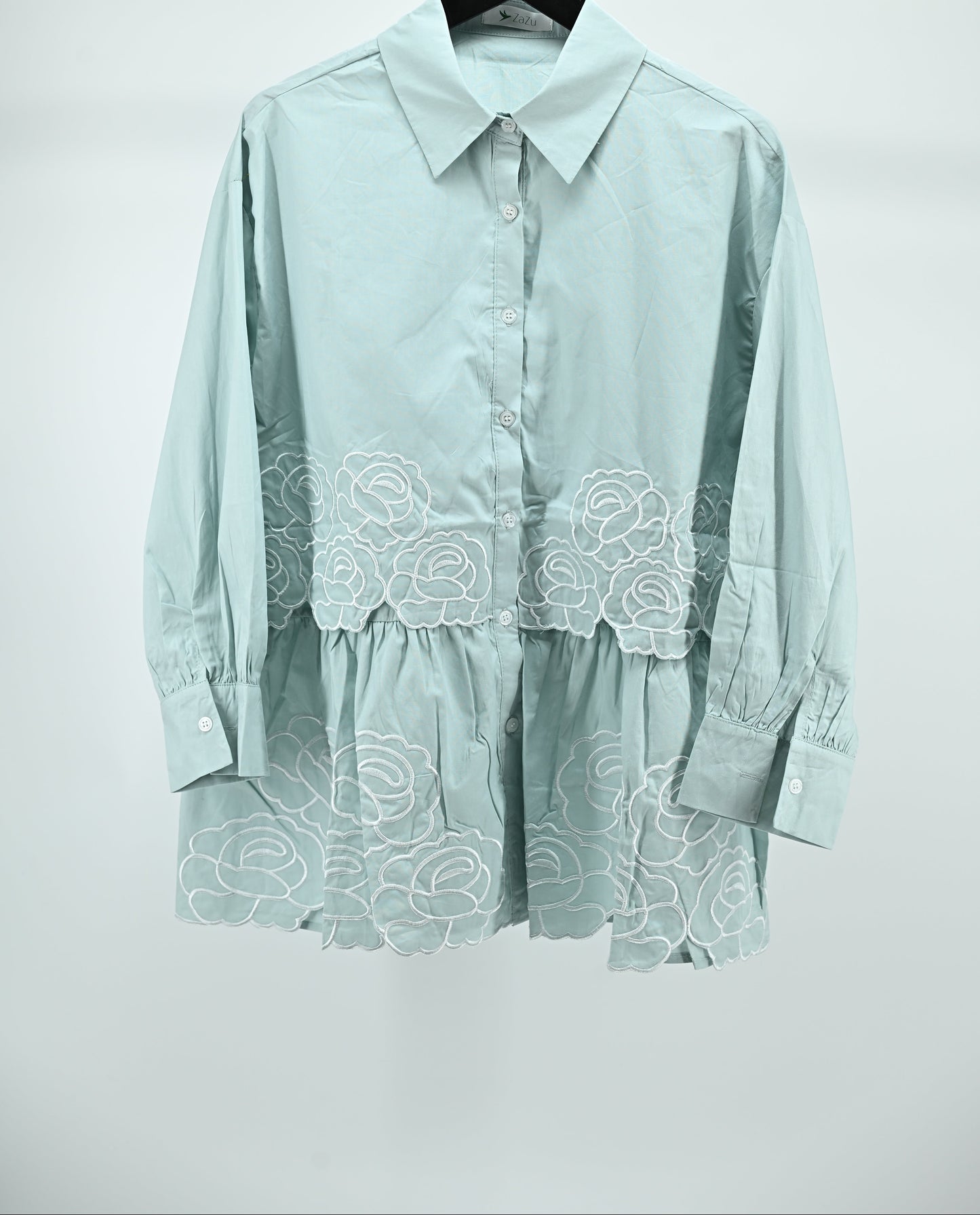 Dark Green Floral Embroidered Peplum Shirt – Free Size