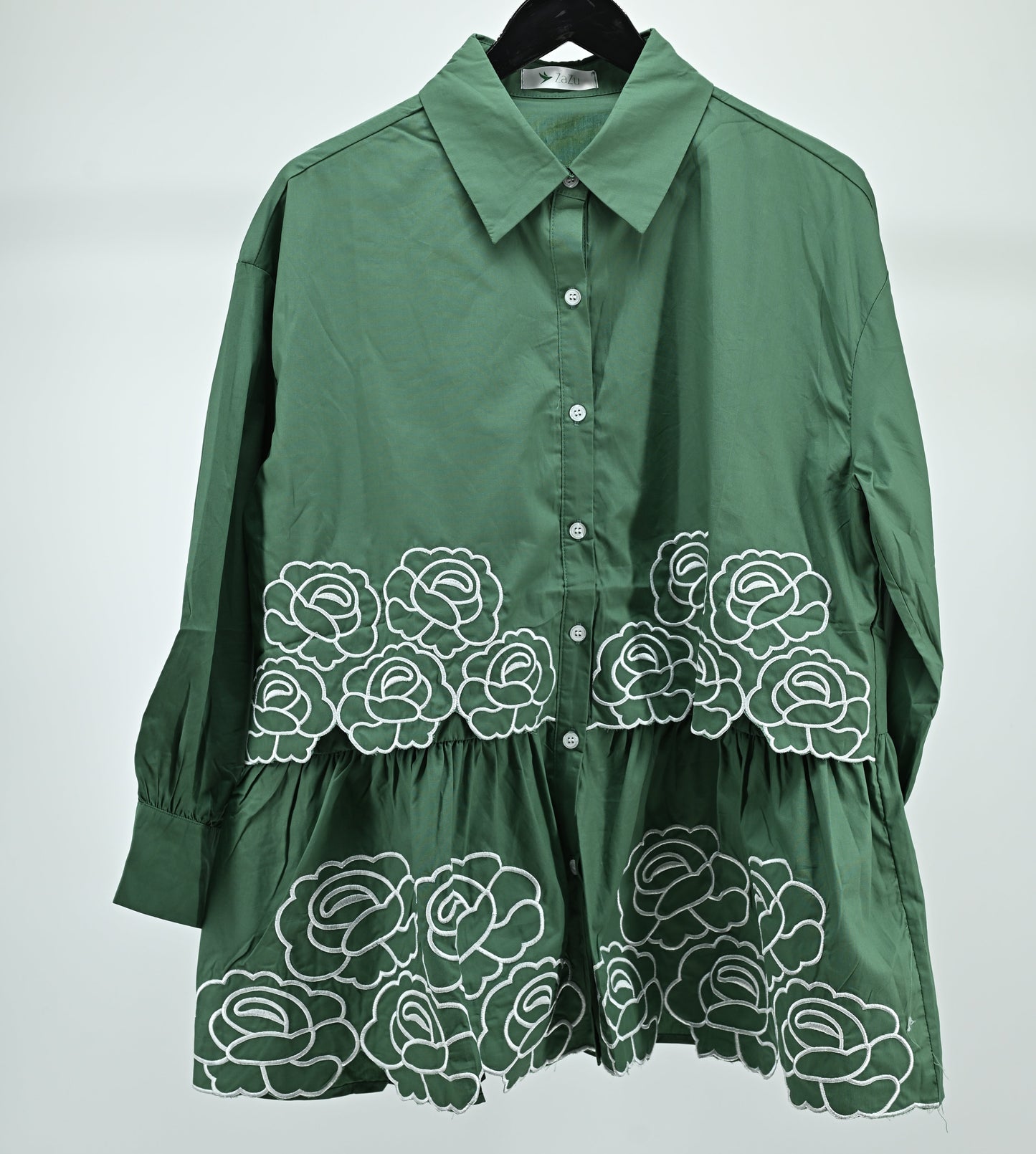 Light Green Floral Embroidered Peplum Shirt – Free Size