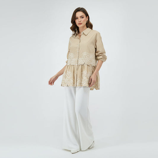 Beige Floral Embroidered Peplum Shirt – Elegant Women’s Top