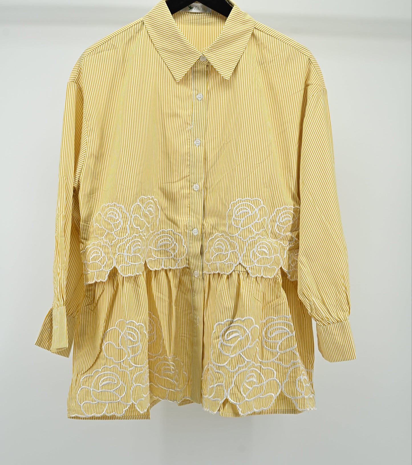 Women’s Elegant Beige Striped Embroidered Peplum Tunic Top