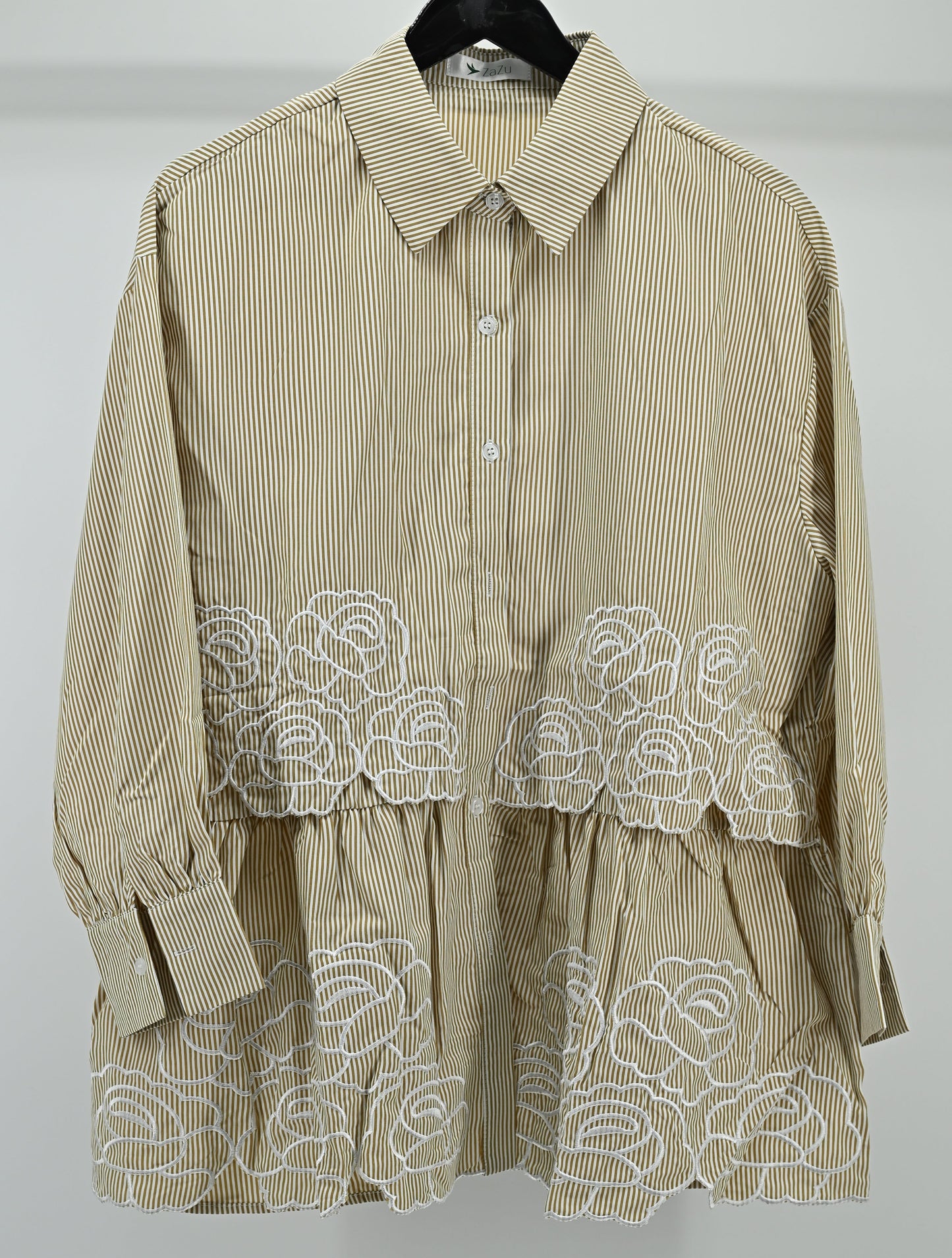 Women’s Elegant Green Striped Embroidered Peplum Tunic Top