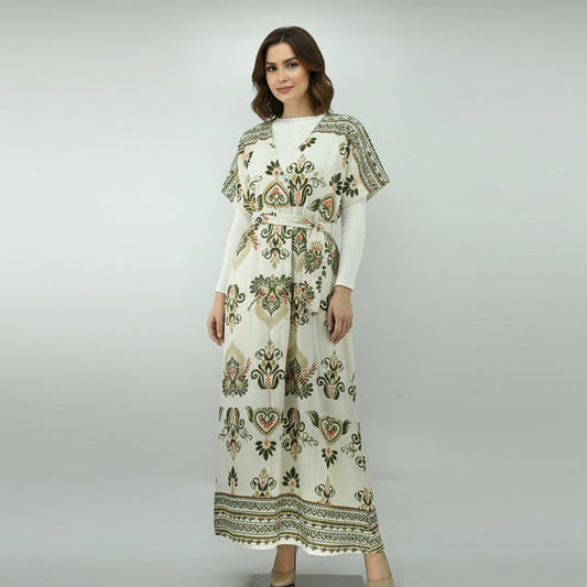 Elegant Ivory Floral Printed Maxi Dress with Waist Tie | Free Size | 2 Piece Set
