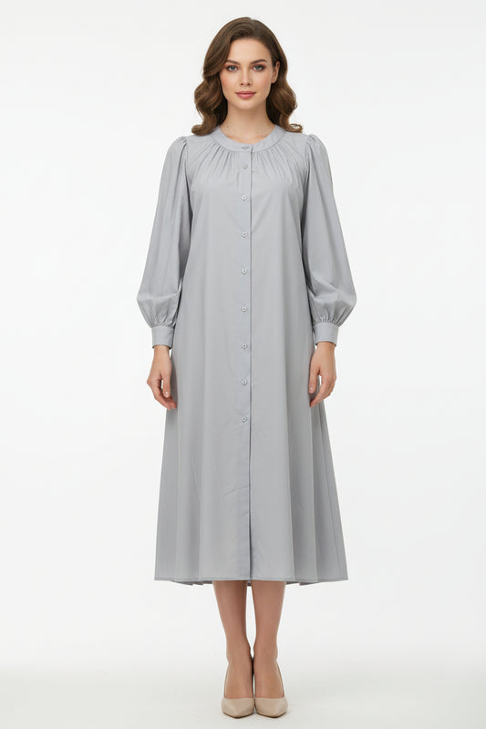 Women’s Light Grey Button-Down Midi Dress – Elegant Minimal Style- Free size