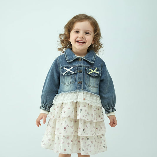 Girls Denim Jacket Dress with Cotton Printed Skirt Model 3 (2-Piece Set)