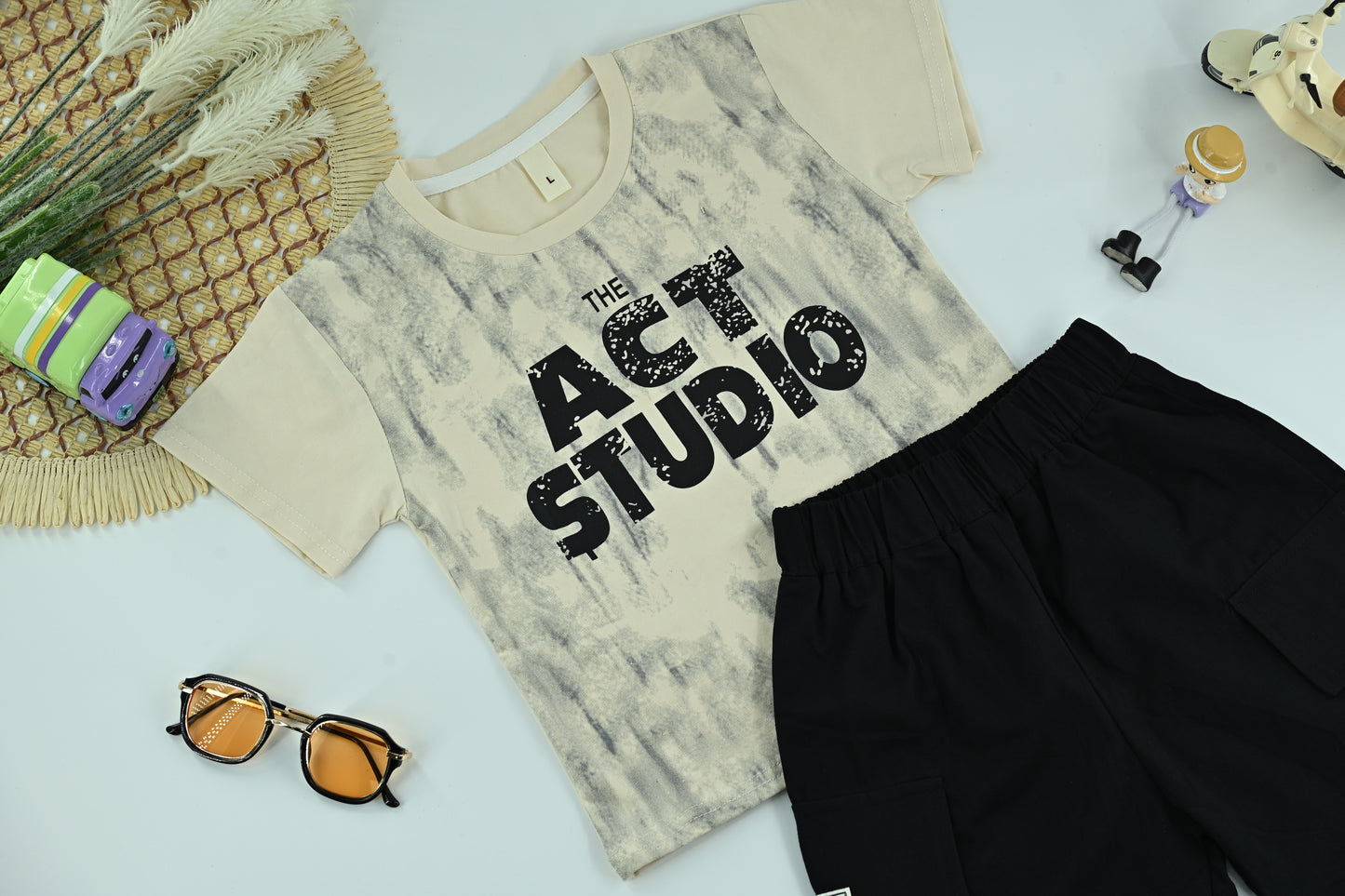 Boys “Act Studio” Brown Graphic T-Shirt and Black Cargo Shorts 2-Piece Set
