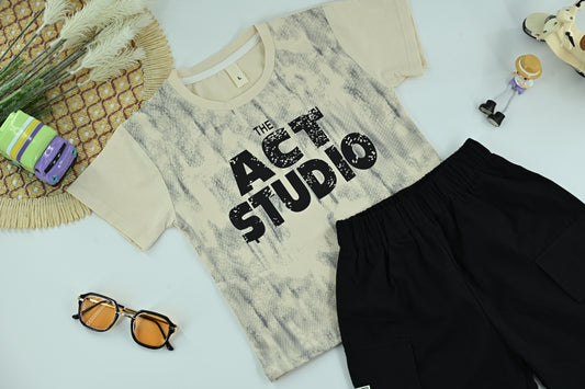 Boys “Act Studio” Graphic T-Shirt and Black Shorts 2-Piece Set-Model 1