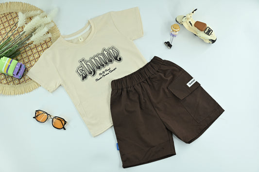 Boys Cream Graphic T-Shirt with Brown Cargo Shorts – 2-Piece Set