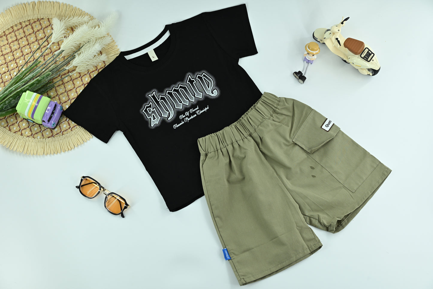 Boys Graphic Olive Green T-Shirt with Black Cargo Shorts – 2-Piece Set