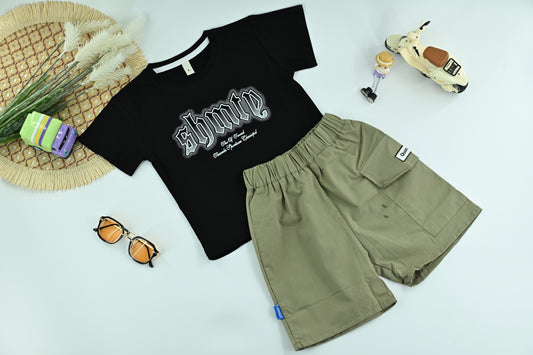 Boys Black Graphic T-Shirt with Olive Cargo Shorts – 2-Piece Set