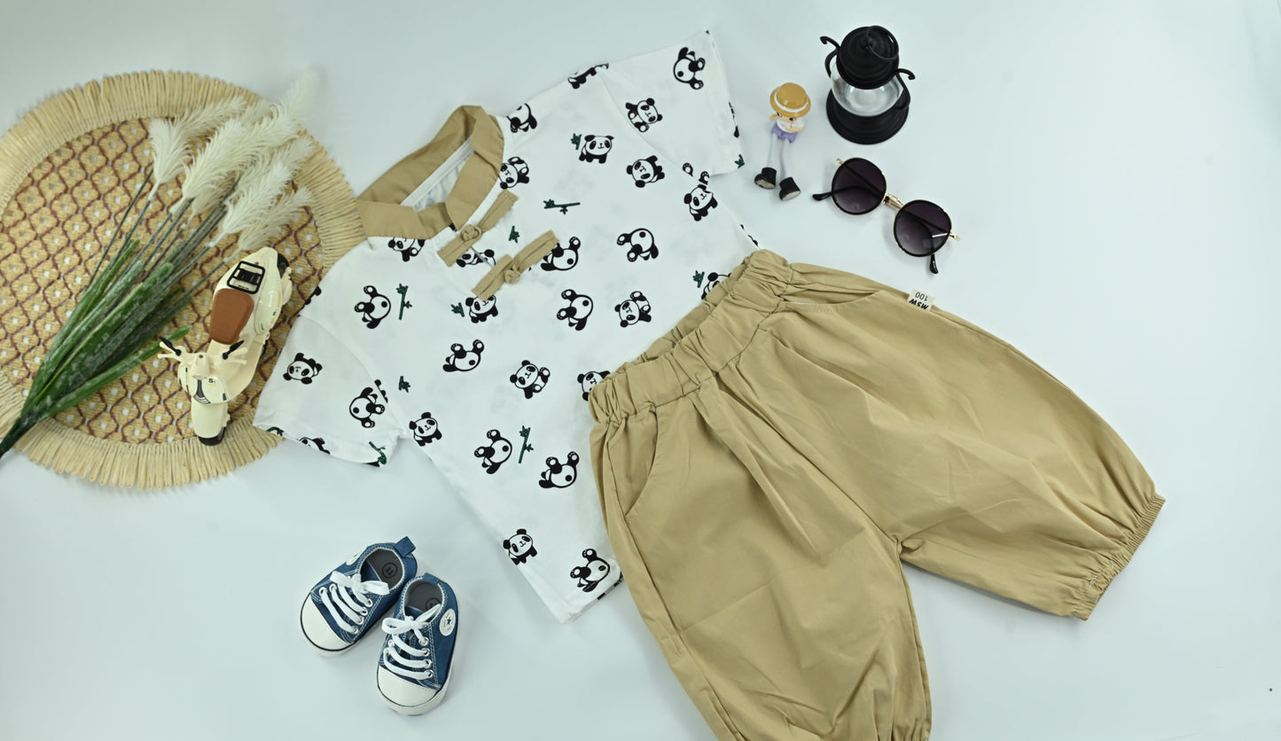Kid's Panda Print White T-Shirt with Olive Green Pants – 2-Piece Outfit Set