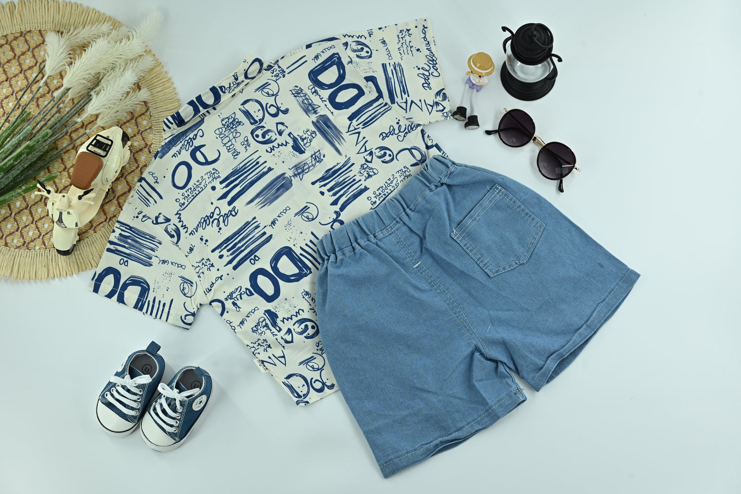 Boys Blue Graffiti Print Shirt with Light Denim Shorts – 2-Piece Outfit Set