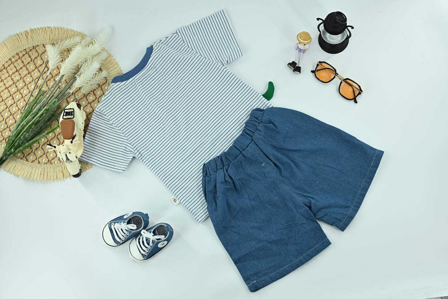 Cute Dino Striped T-Shirt & Denim Shorts Set for Boys