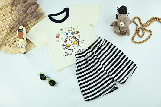 Boys Space Cartoon Graphic T-Shirt &Striped Shorts Set