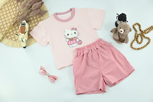 Girls Cute Kitty Graphic T-Shirt &Shorts Set