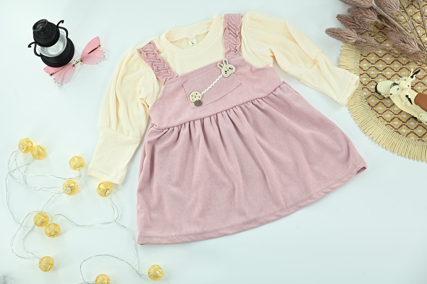 Kids Embroidered Pink & Cream 2-Piece Dress Set