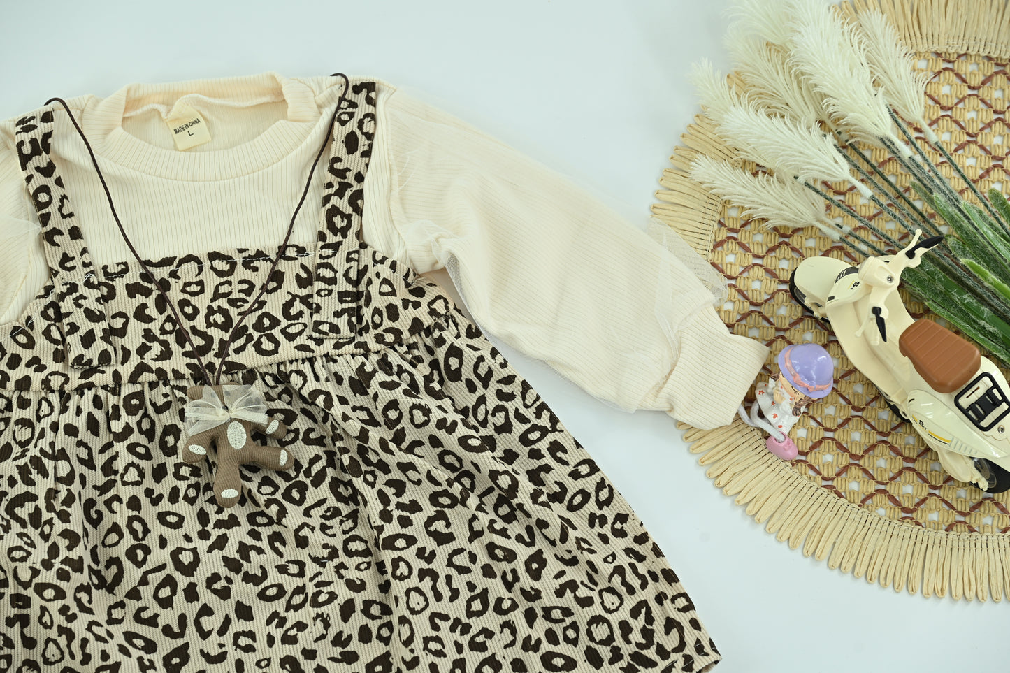 Girls Brown Leopard Print Layered Long Sleeve Dress Set
