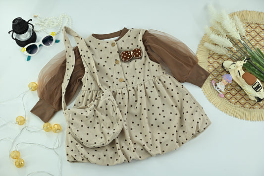 Elegant Girls Cream Bow Ruffle Long Sleeve Dress with bag