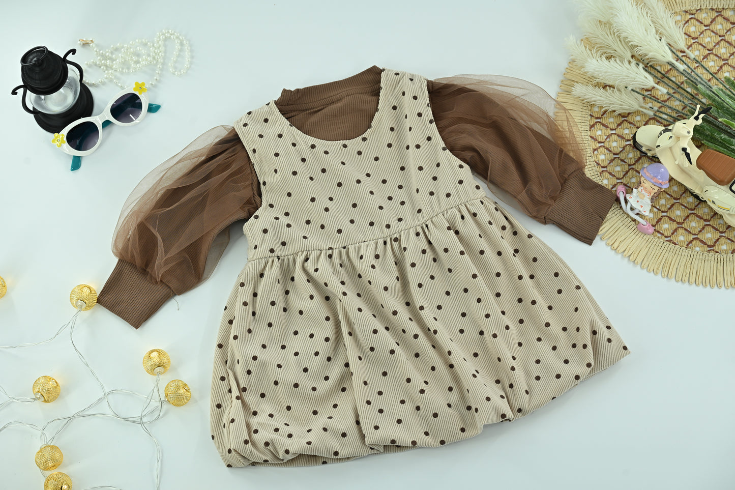 Elegant Girls Cream Bow Ruffle Long Sleeve Dress with bag