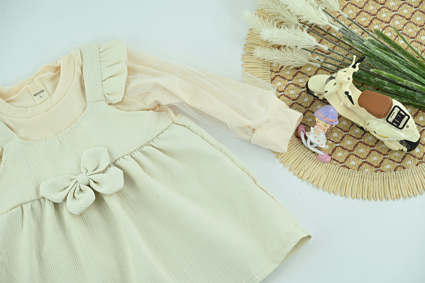 Girls Elegant Cream Bow Ruffle Dress –2 pieces Long Sleeve Kids Dress