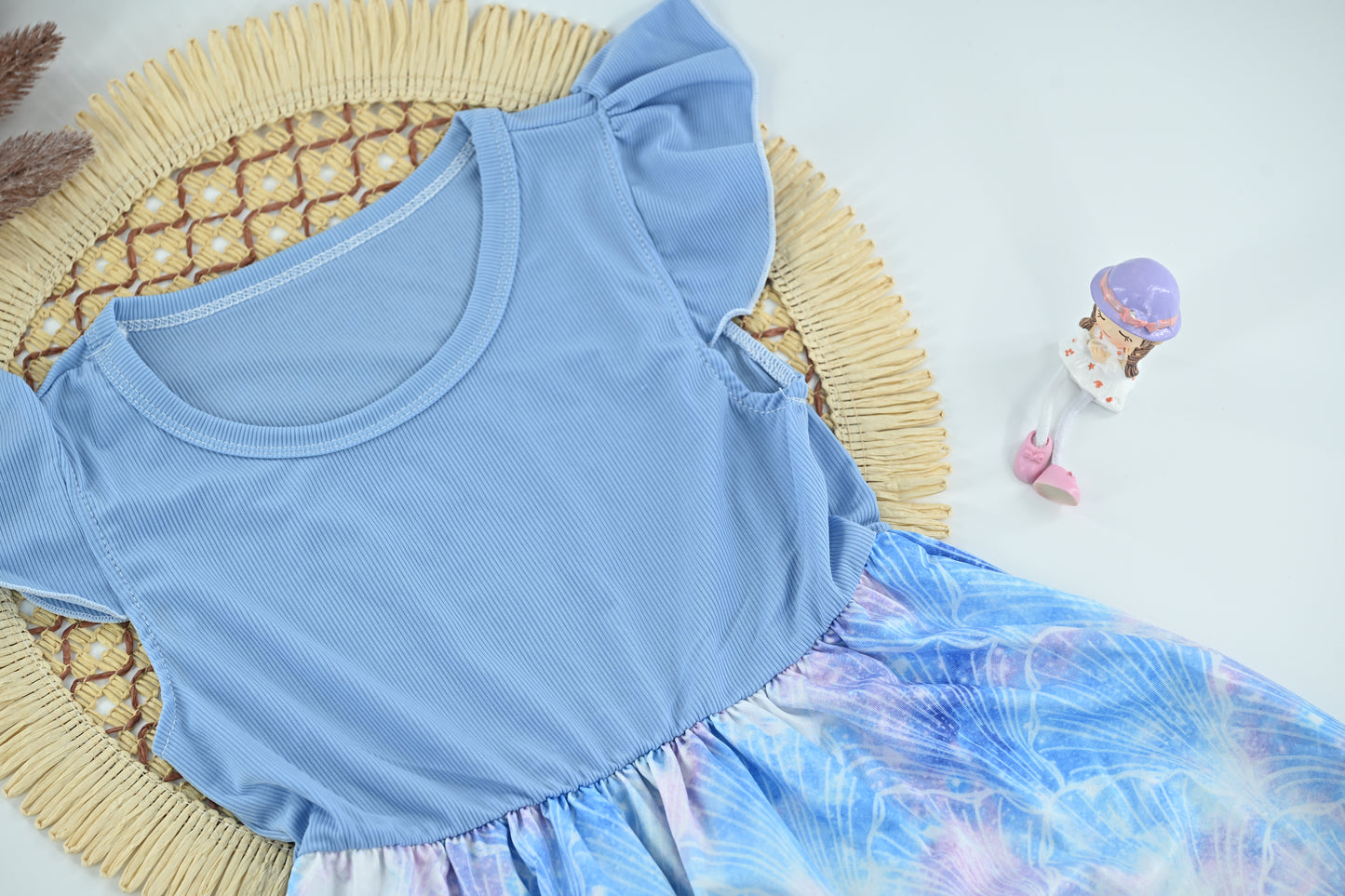 Baby Girls Blue Printed Ruffle Sleeve Dress