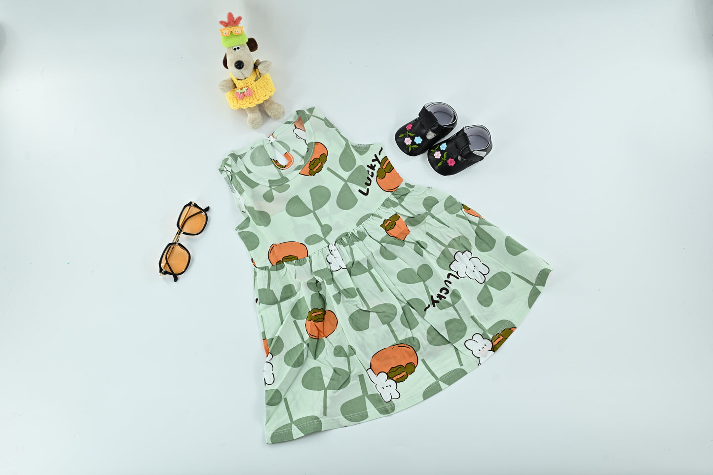 Cute Baby Girls Lucky Print Dress | Green Sleeveless Casual Summer Dress