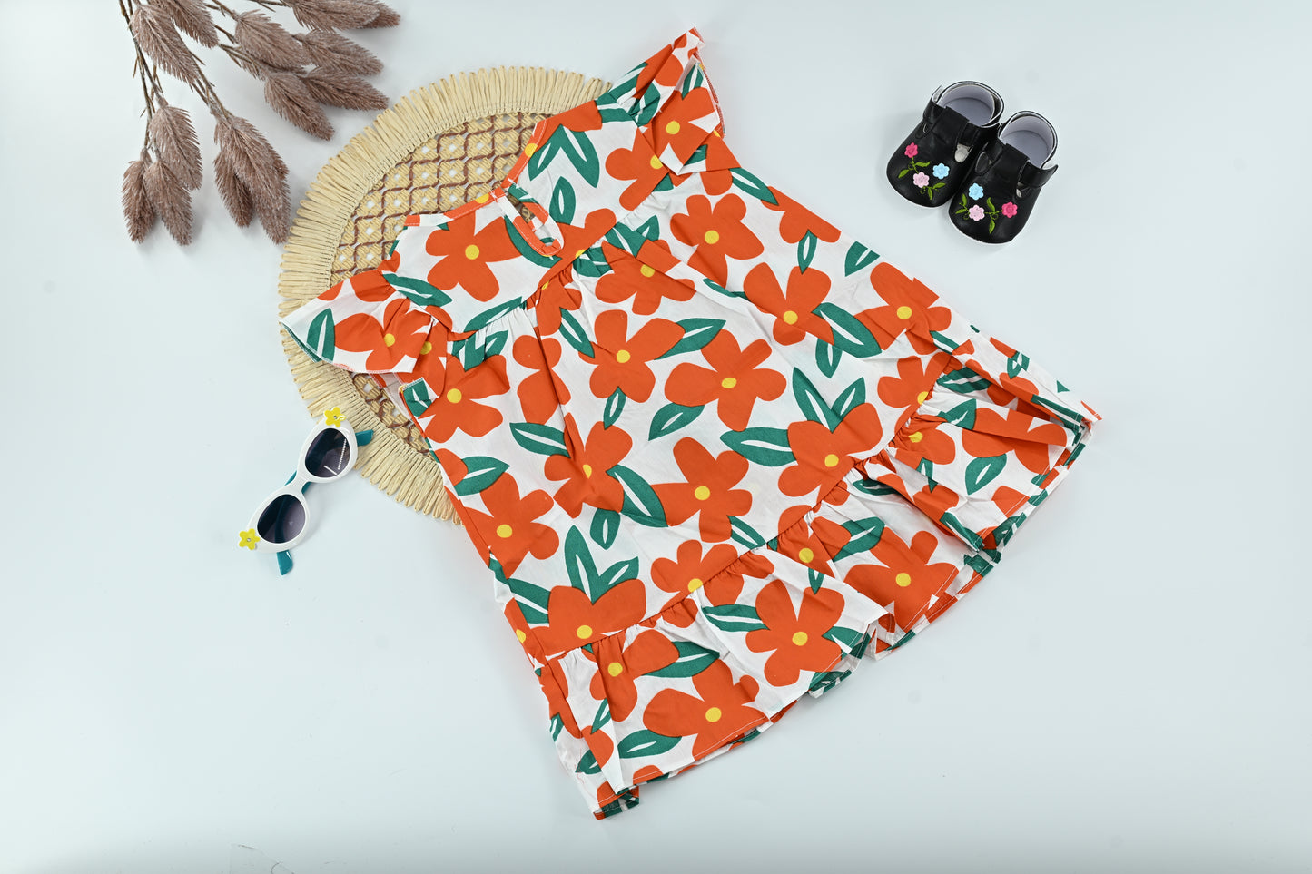 Baby Girl Orange Floral Cotton Summer Dress with Ruffle Hem