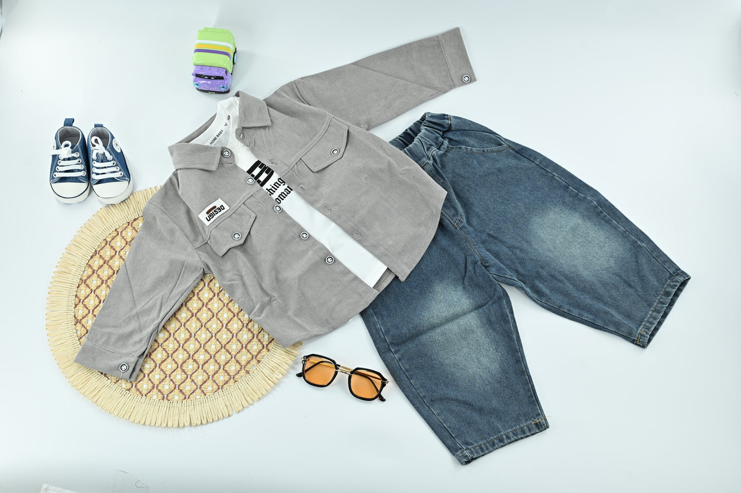 Classic Boys White Jacket 3 Piece Outfit Set | Cotton T-Shirt | Denim Pants