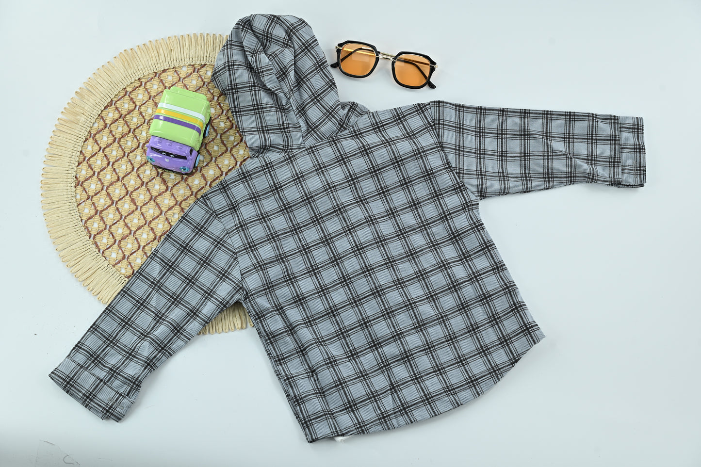Trendy Boys Grey Plaid Hooded Jacket with Cotton T-Shirt | 2 Piece Outfit