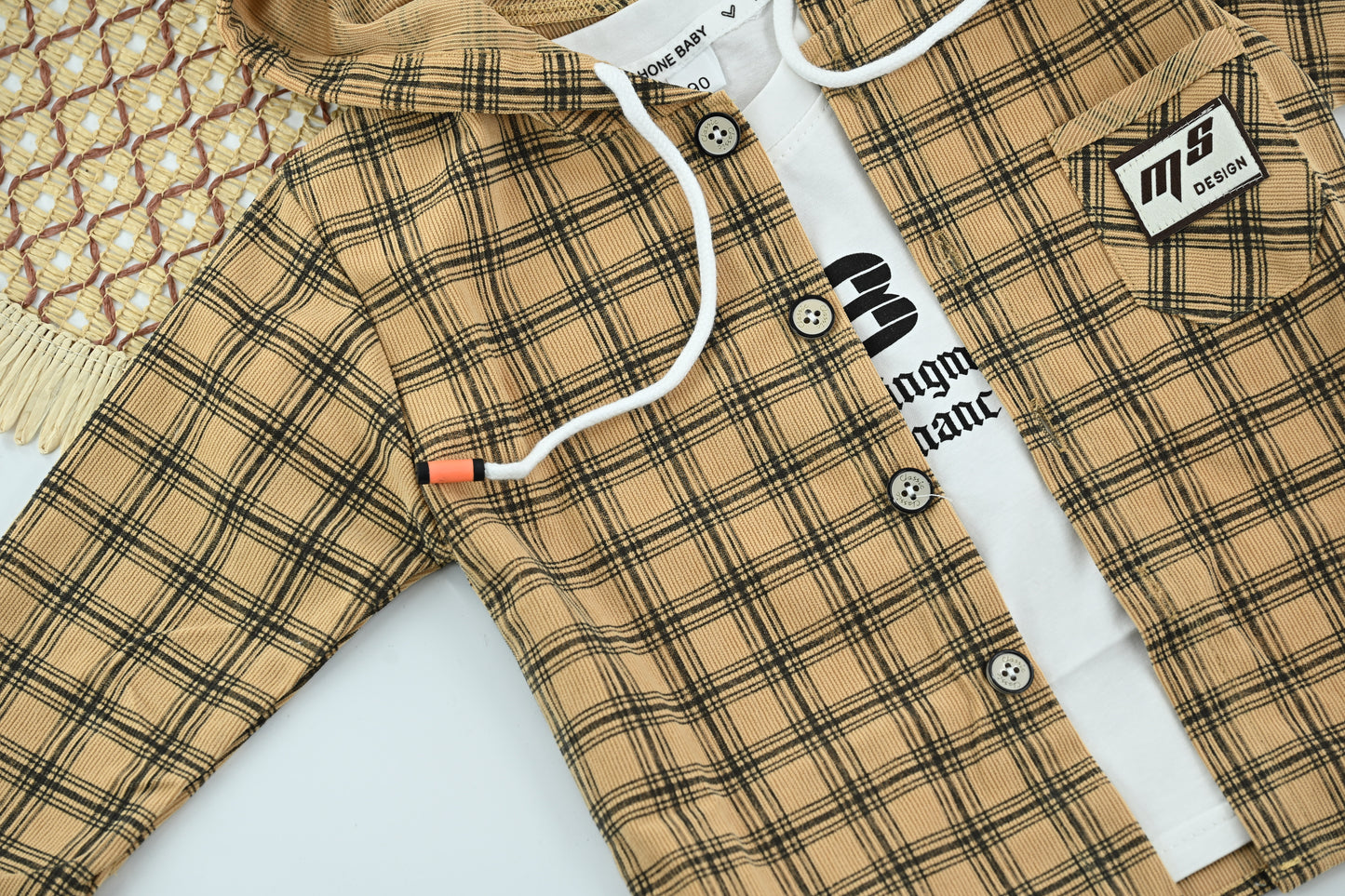 Stylish Boys Brown Plaid Hooded Jacket with Cotton T-Shirt | 2 Piece Outfit
