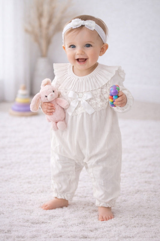 Baby Girl Elegant Pure White Cotton Romper