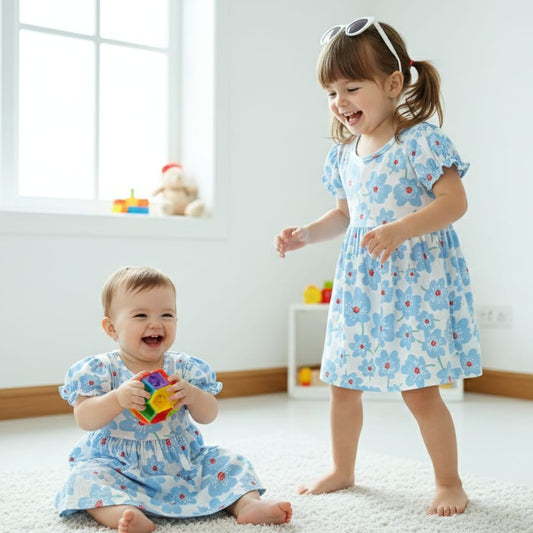 Sky Blossom Blue Floral Cotton Baby Dress