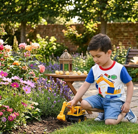 Boys Excavator Dino Graphic T-Shirt & Denim Shorts Set