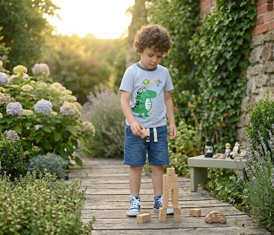 Cute Dino Striped T-Shirt & Denim Shorts Set for Boys