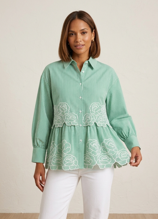 Women’s Elegant Green Striped Embroidered Peplum Tunic Top