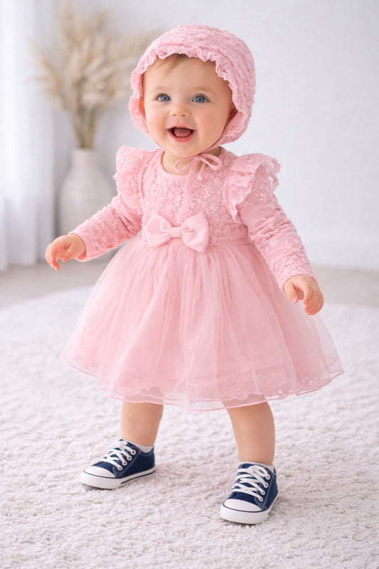 Baby Girl Pink Elegant Lace Dress with Cap