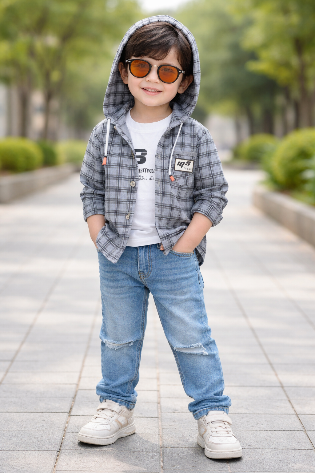 Trendy Boys Grey Plaid Hooded Jacket with Cotton T-Shirt | 2 Piece Outfit