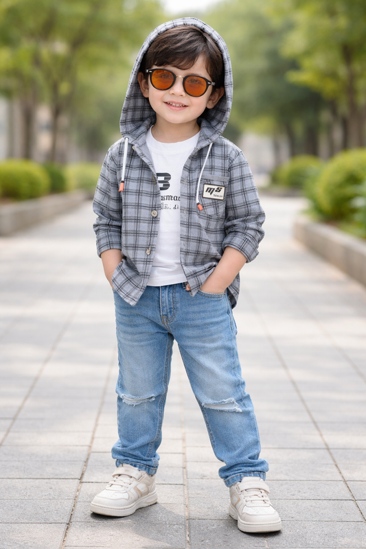 Trendy Boys Grey Plaid Hooded Jacket with Cotton T-Shirt | 2 Piece Outfit