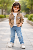 Stylish Boys Brown Plaid Hooded Jacket with Cotton T-Shirt | 2 Piece Outfit