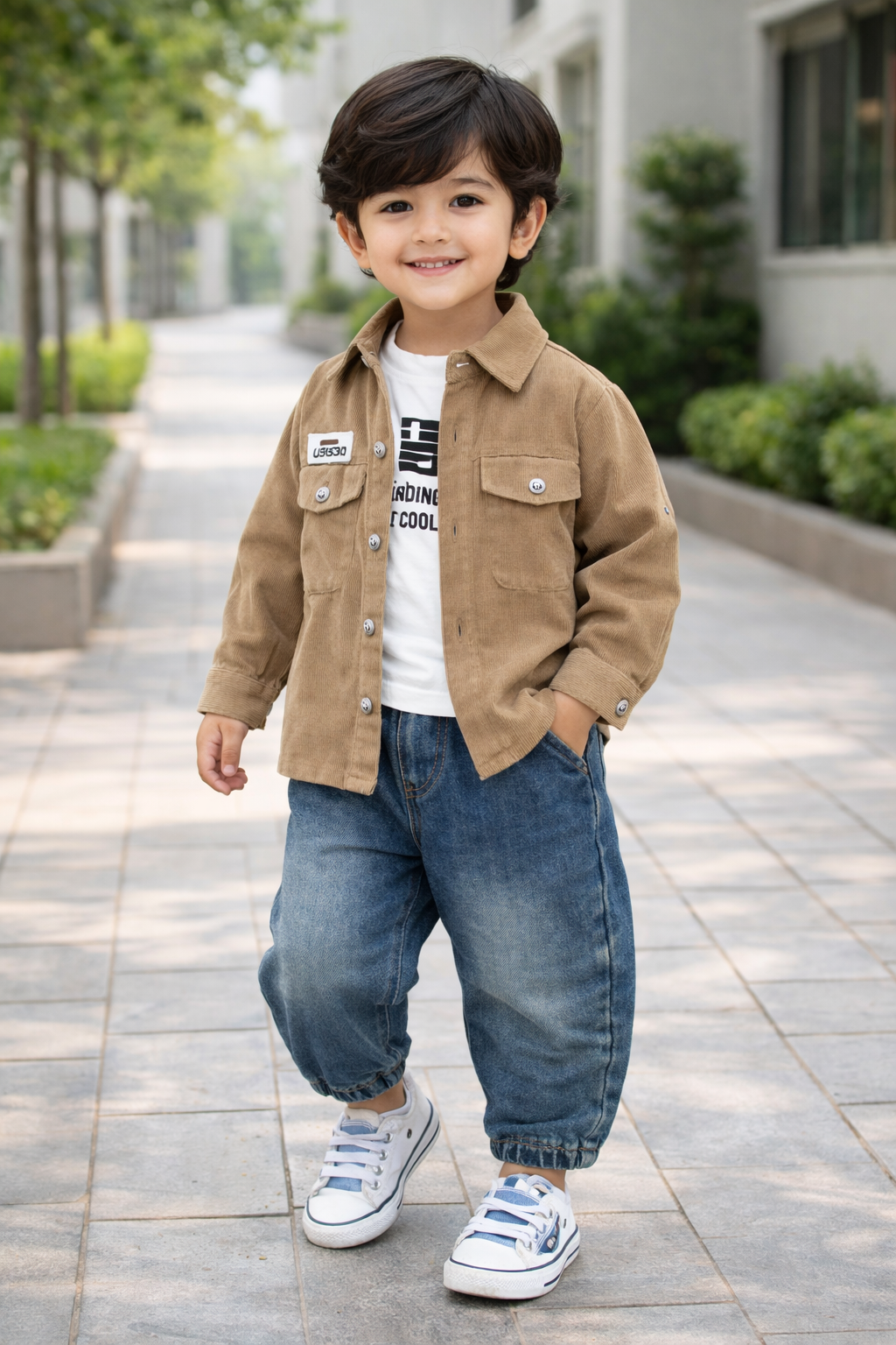 Stylish Boys Casual 3 Piece Outfit Set with Corduroy Jacket | Denim Pants | Cotton T-Shirt