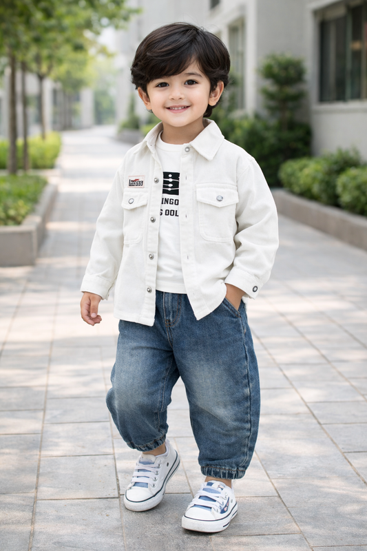 Classic Boys White Jacket 3 Piece Outfit Set | Cotton T-Shirt | Denim Pants