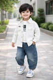 Classic Boys White Jacket 3 Piece Outfit Set | Cotton T-Shirt | Denim Pants