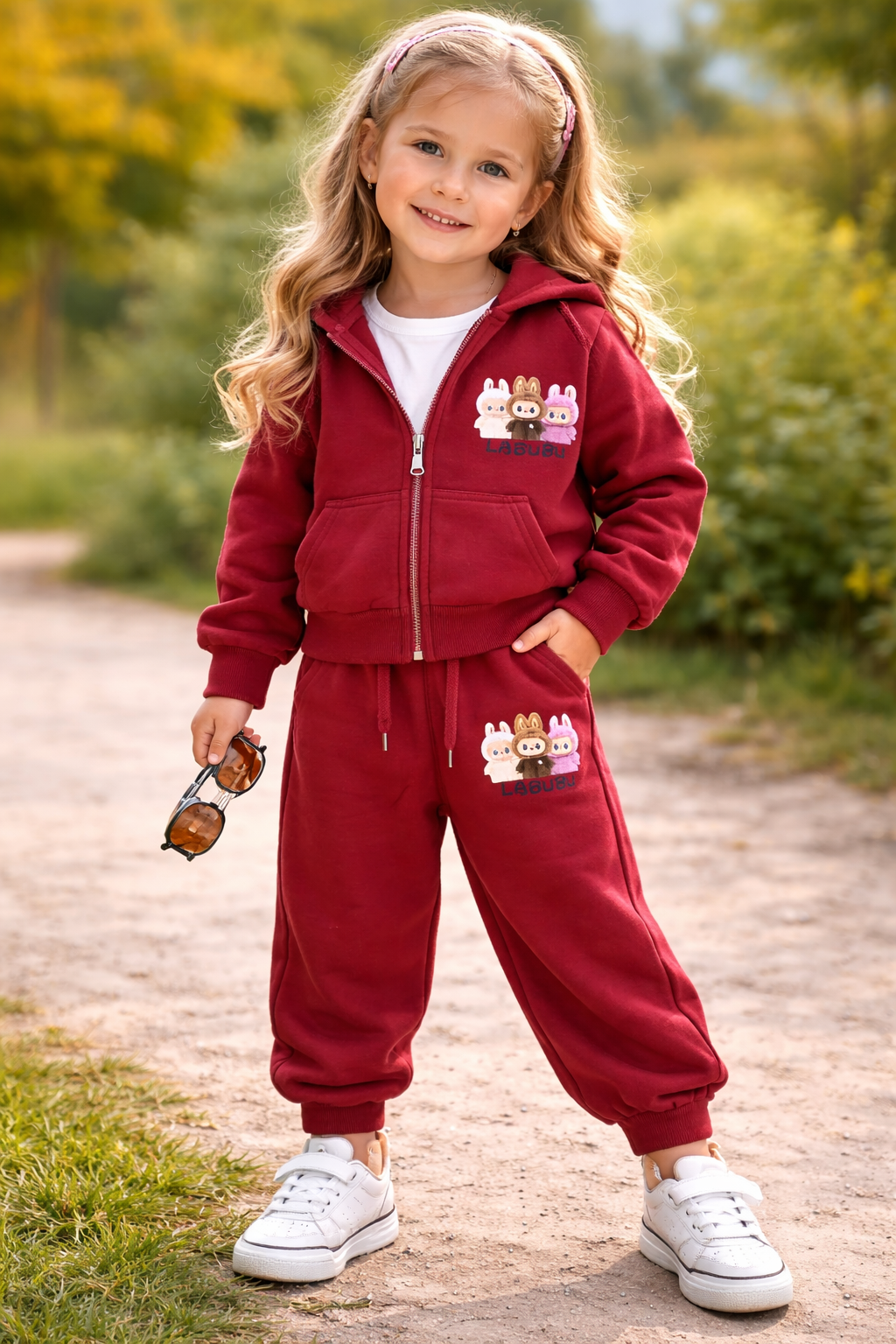 Girls Burgundy Cartoon Hoodie Co-ord Set