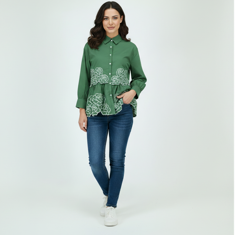 Dark Green Floral Embroidered Peplum Shirt – Free Size