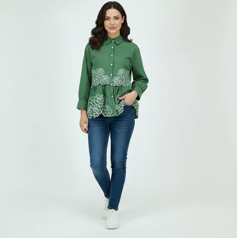 Olive Floral Embroidered Peplum Shirt – Free Size